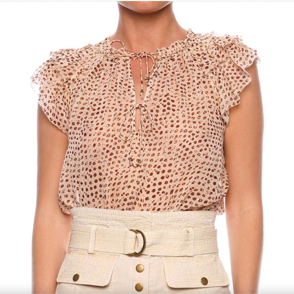 Ulla Johnson Marilyn Silk Chiffon Leopard Ikat Dot Ruffled Cap Sleeve Blouse - Picture 5 of 15